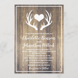 Rustic Barn Wood & White Deer Antlers Wedding Invitation