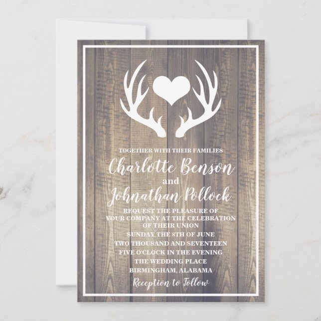 Rustic Barn Wood & White Deer Antlers Wedding Invitation (Front)