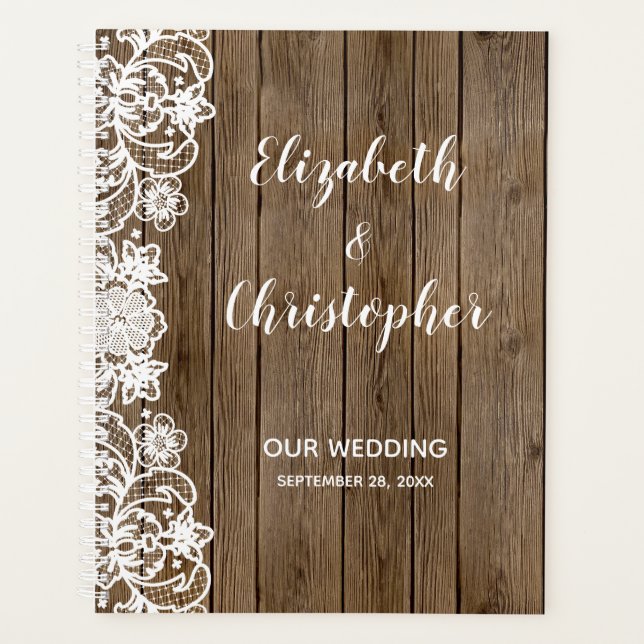 Rustic Barn Wood White Lace Calligraphy Wedding Planner (Front)