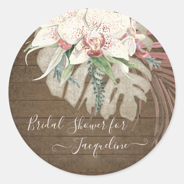 Rustic Barn Wood White Orchid Sage Floral Foliage Classic Round Sticker (Front)