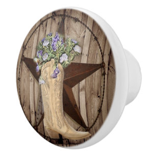 rustic barn wood wildflower cowboy western star ceramic knob