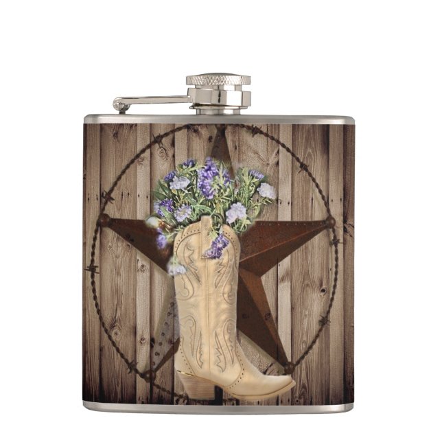 rustic barn wood wildflower cowboy western star hip flask (Front)