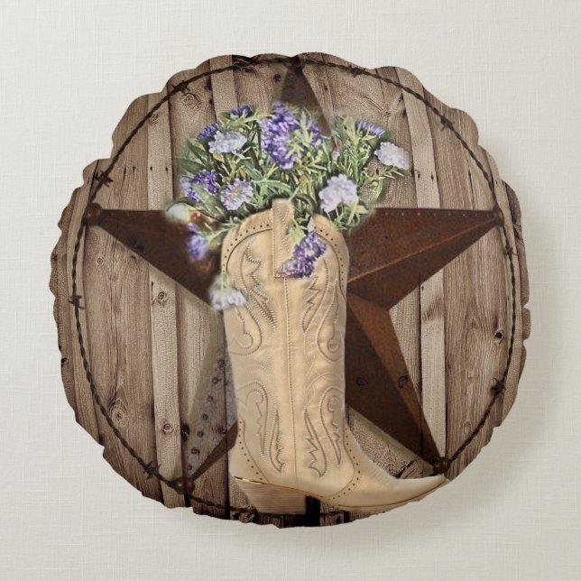 rustic barn wood wildflower cowboy western star round cushion (Front)