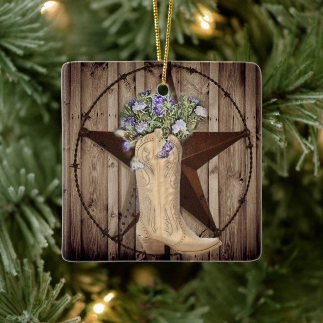rustic barn wood wildflower western star cowgirl ceramic ornament (Tree)