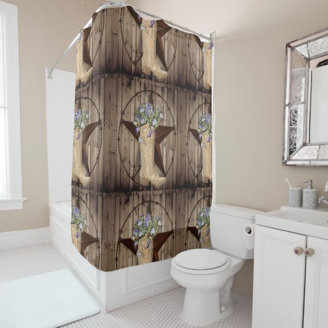 rustic barn wood wildflower western star cowgirl shower curtain (In Situ)