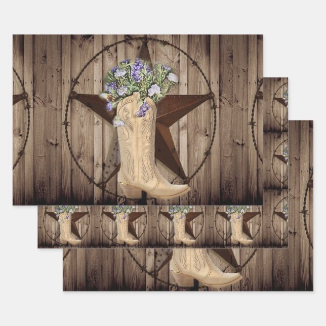 rustic barn wood wildflower western star cowgirl wrapping paper sheet (Set)