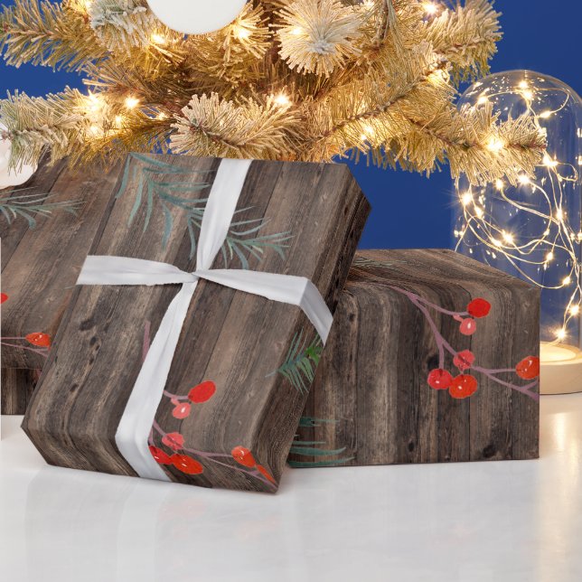 Rustic Barn Wood | Winter Greenery & Berries Wrapping Paper (Holidays)