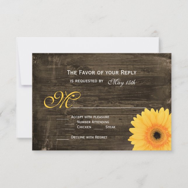 Rustic Barn Wood Yellow Daisy Wedding RSVP Cards (Front)