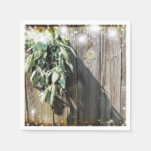 Rustic barnwood botanical greenery twinkle lights napkin (Front)