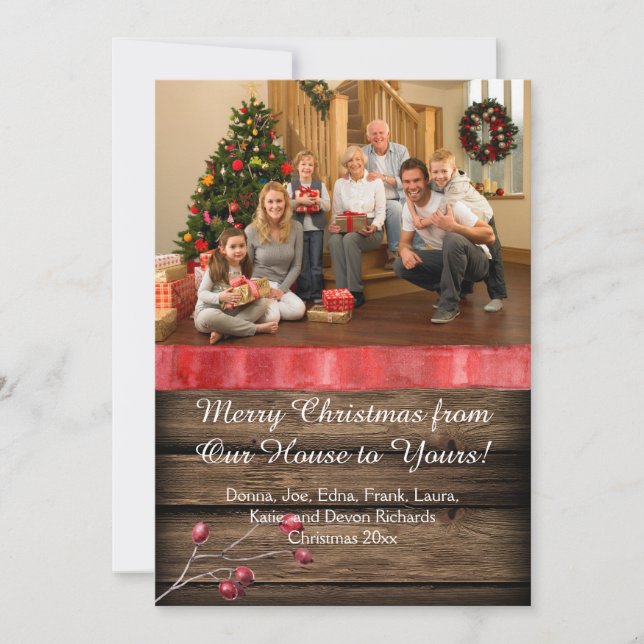 Rustic Barnwood Candle Holly Berries Photo Xmas Holiday Card (Front)