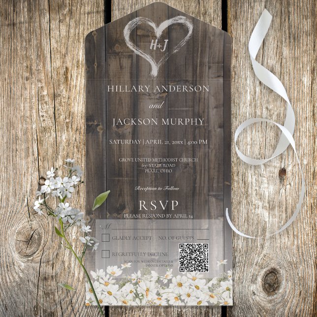 Rustic Barnwood & Daisies QR Code All In One Invitation (Creator Uploaded)