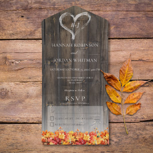 Rustic Barnwood & Fall Leaves No Dinner All In One Invitation