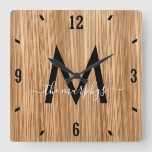 Rustic Barnwood Farmhouse Monogram Square Wall Clock