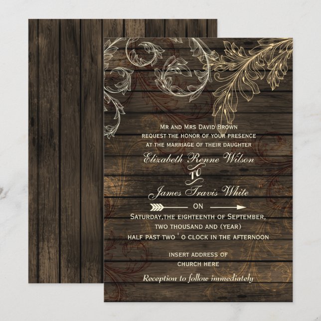 Rustic Barnwood, flourish wedding Invitation (Front/Back)