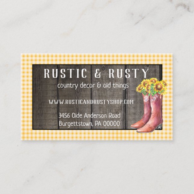 Rustic Barnwood & Gingham Sunflower Country Business Card (Front)