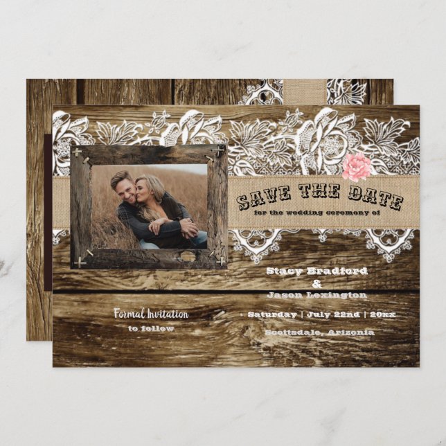 Rustic Barnwood & Lace Save The Date  Invitation (Front/Back)