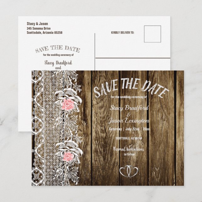Rustic barnwood & Lace Save The Date Wedding Postcard (Front/Back)