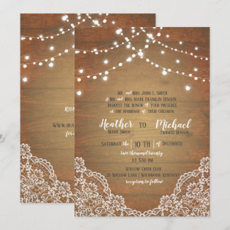Rustic Barnwood Lace String Lights Wedding W/RSVP Invitation
