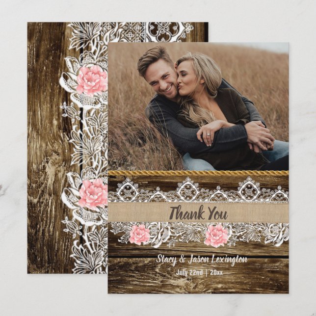 Rustic Barnwood & Lace Wedding  Thank You Card (Front/Back)