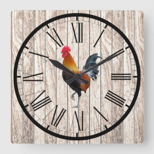 Rustic Barnwood-Look Farmhouse Rooster Design Square Wall Clock
