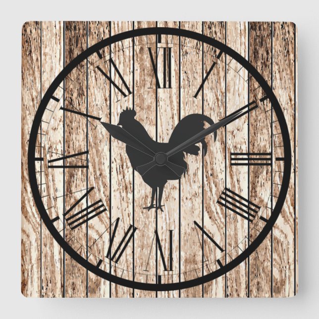 Rustic Barnwood-Look Farmhouse Rooster Design Square Wall Clock (Front)