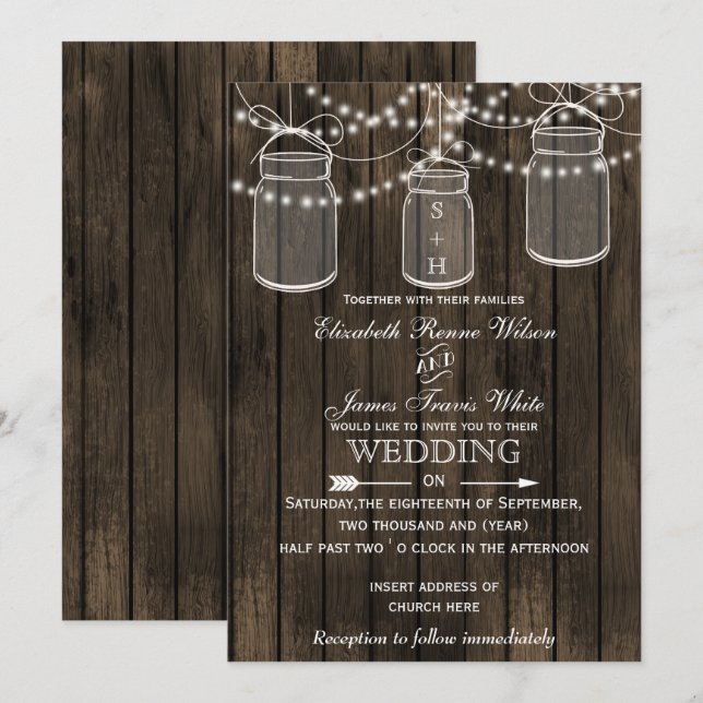 Rustic Barnwood, mason jar wedding invitations (Front/Back)