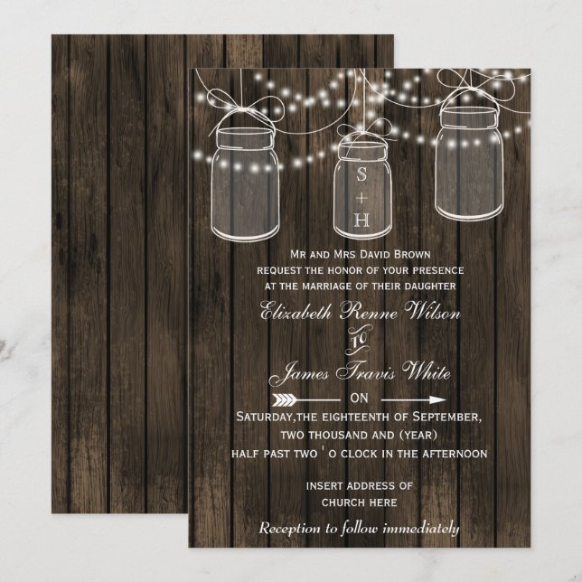 Rustic Barnwood, mason jar wedding invites (Front/Back)
