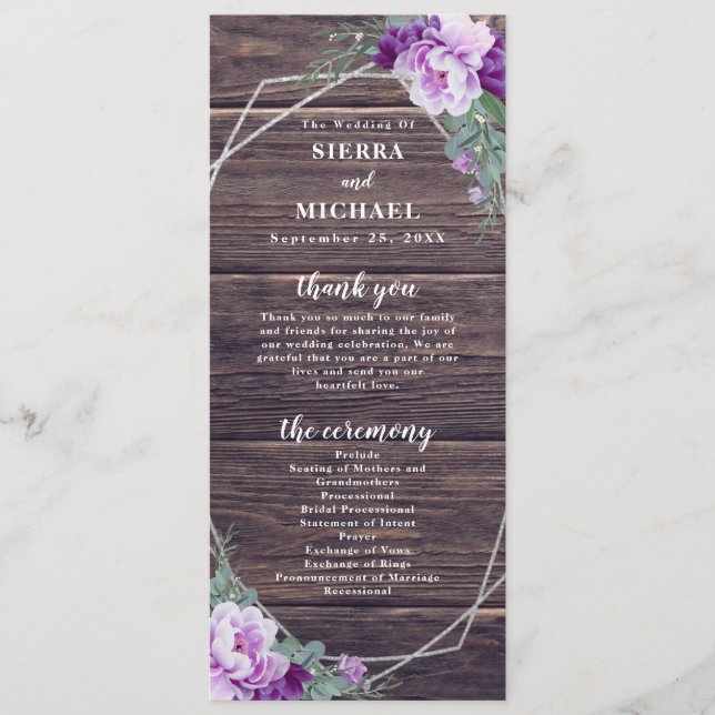 Rustic Barnwood Purple & Silver Floral Wedding Programme (Front)