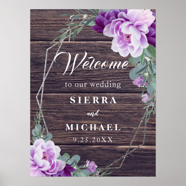 Rustic Barnwood Silver & Purple Floral Wedding Poster (Front)