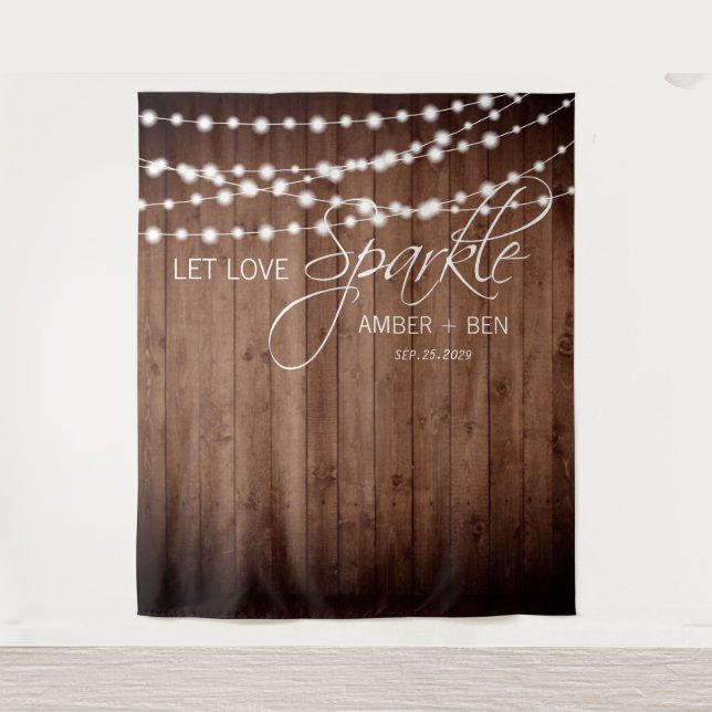 Rustic Barnwood String Lights Custom Wedding Tapestry (Front)