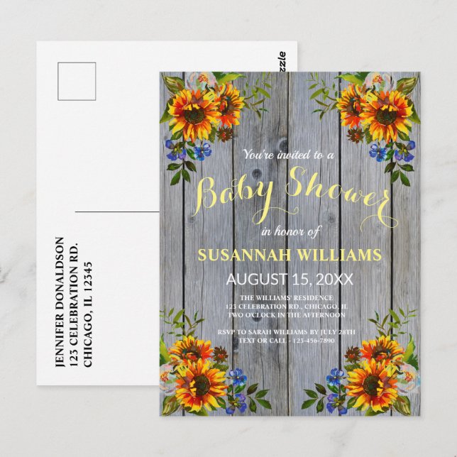 Rustic Barnwood Sunflower Baby Shower Invitation Postcard (Front/Back)