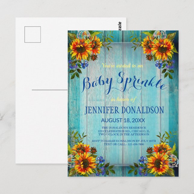 Rustic Barnwood Sunflower Baby Sprinkle Invitation Postcard (Front/Back)