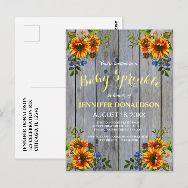 Rustic Barnwood Sunflower Baby Sprinkle Invitation Postcard (Front/Back)