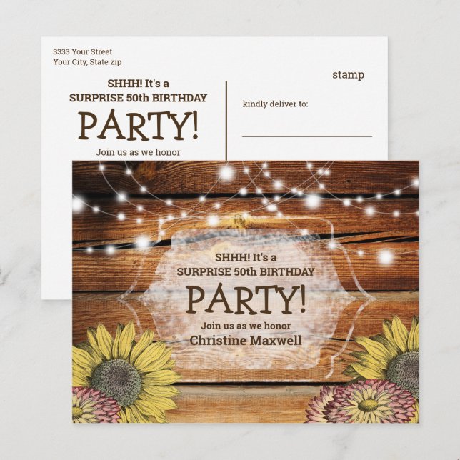 Rustic Barnwood Surprise Sunflower 50th Birthday  Invitation Postcard (Front/Back)