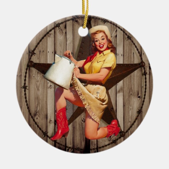 rustic BarnWood texas star western country cowgirl Ceramic Tree Decoration (Front)