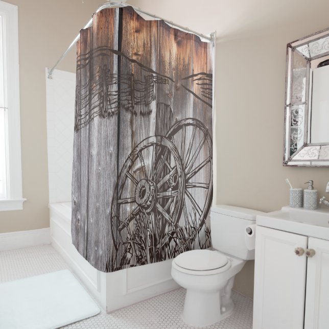 Rustic Barnwood Wagon Wheel Shower Curtain (In Situ)