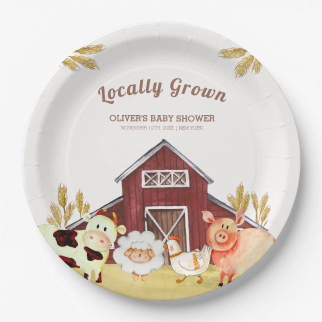 Rustic Barnyard Farm Animals Baby Shower Paper Plate (Front)