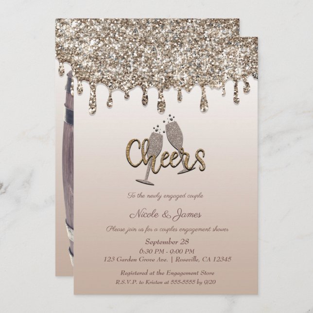 Rustic Barrel Glam Glitter Drip Engagement Party Invitation (Front/Back)