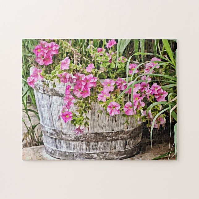 Rustic Barrel of Pink Pansy Flowers Puzzle (Horizontal)