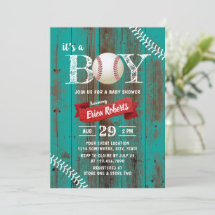 Rustic Baseball Sports Teal Wood Boy Baby Shower Invitation