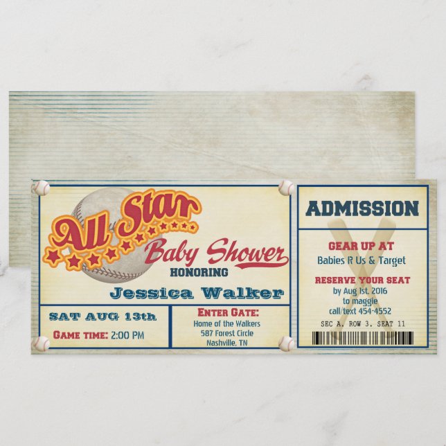 Rustic Baseball Ticket Baby Shower Invitation (Front/Back)