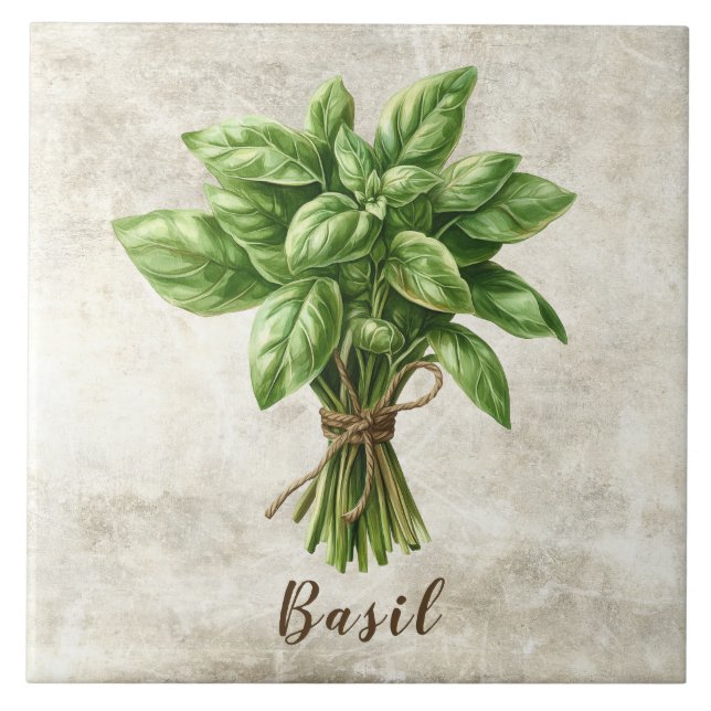 Rustic Basil Herb Spice Faux Ceramic Tile (Front)