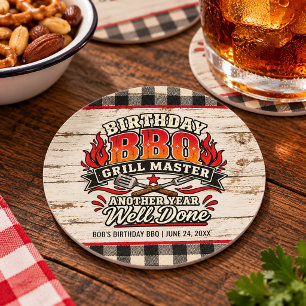 Rustic BBQ Grill Master Birthday Party Round Paper Coaster
