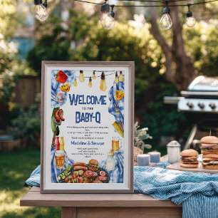 Rustic BBQ Summer Blue Plaid Baby-Q Shower Welcome Poster