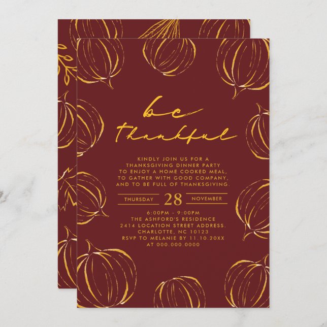 Rustic Be Thankful Pumpkin Thanksgiving Dinner Invitation (Front/Back)