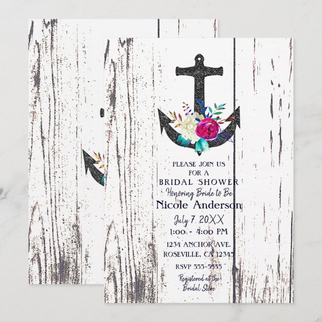 Rustic Beach Anchor & Bold Floral Bridal Shower Invitation (Front/Back)