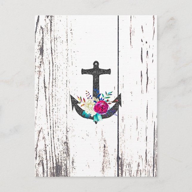 Rustic Beach Anchor & Bold Floral Save the Date Announcement Postcard (Front)