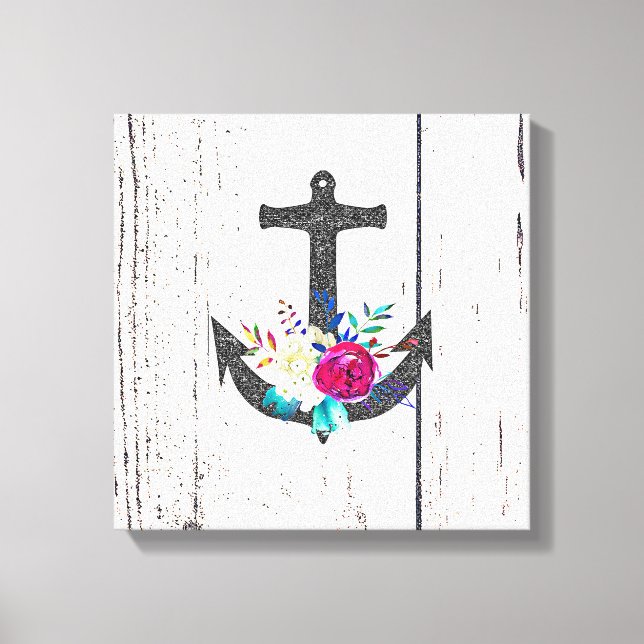 Rustic Beach Anchor & Bold Floral Summer Nautical Canvas Print (Front)