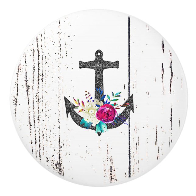 Rustic Beach Anchor & Bold Floral Summer Nautical Ceramic Knob (Front)