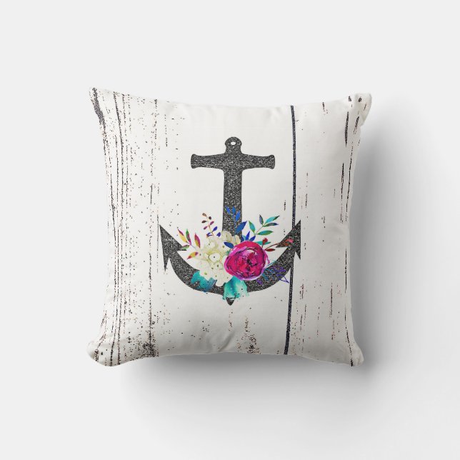 Rustic Beach Anchor & Bold Floral Summer Nautical Cushion (Front)
